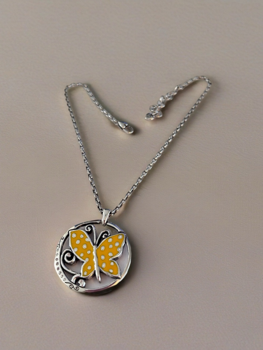 Brighton yellow and white enameled butterfly circle medallion pendant necklace